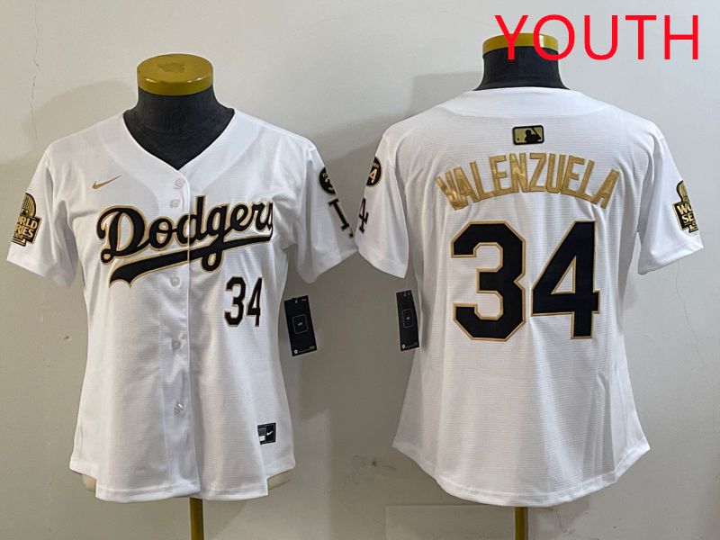 Youth Los Angeles Dodgers #34 Valenzuela White Gold Game 2025 Nike MLB Jersey style 1
